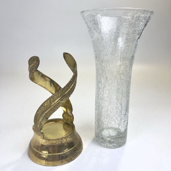 Vtg Art Nouveau Style Brass Base With Crackle Glass Vase Feather Vine Boho Decor - Picture 1 of 11